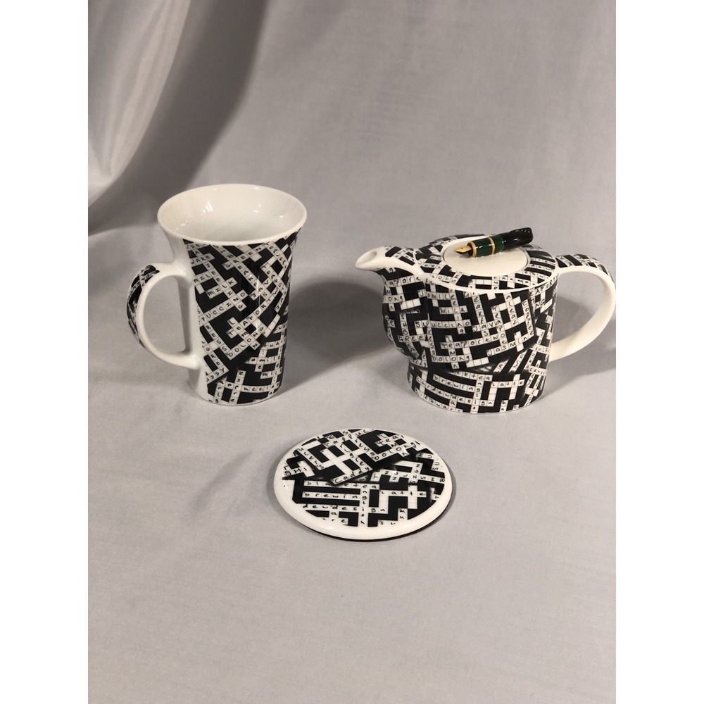 2008 Paul Cardew Crossword Puzzle Teapot, Mug & Coaster Set -Preowned